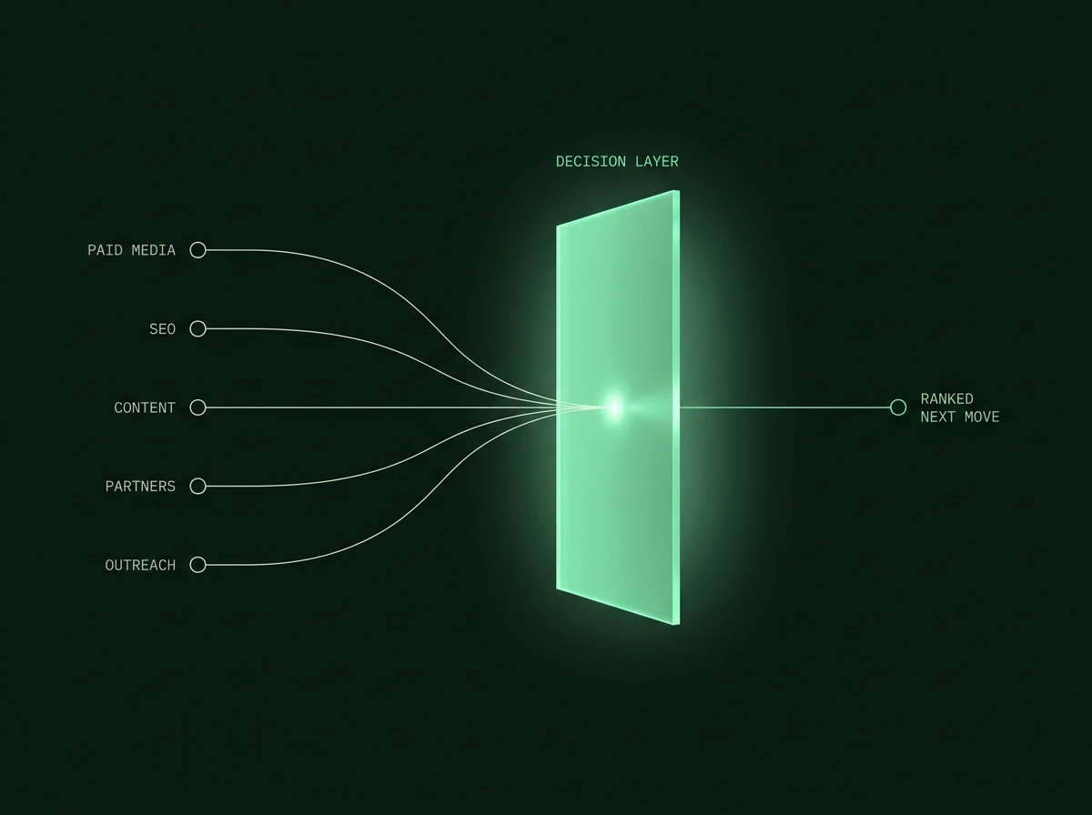 Five growth channels converging through a glowing decision layer into one ranked next move