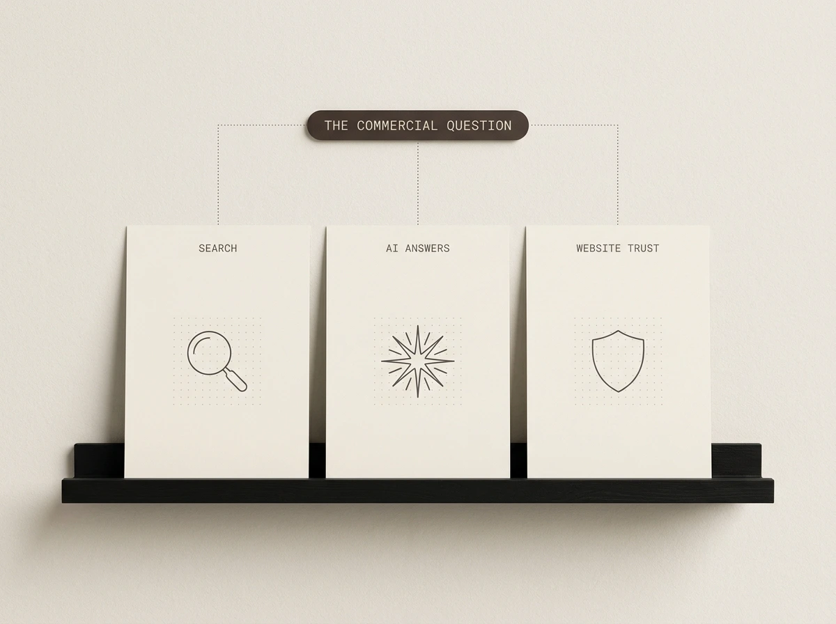 Three cards labelled search, AI answers and website trust standing under one commercial question