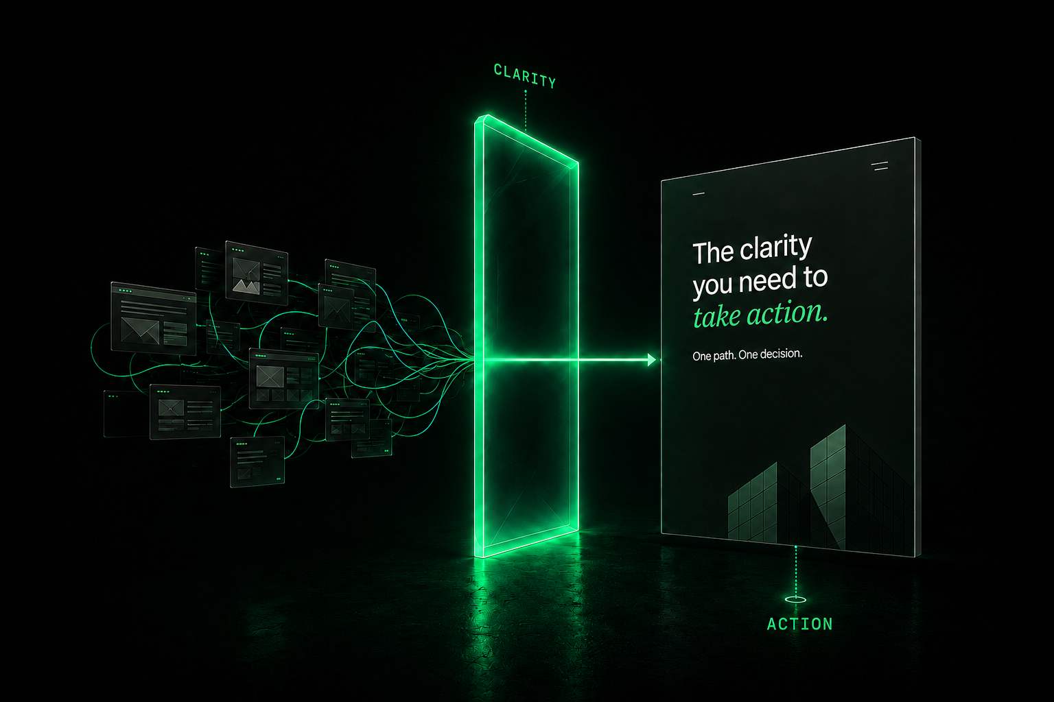 Scattered page fragments passing through a clarity gate into one clear action panel